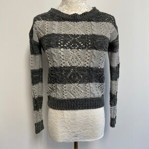 Fang Striped Open Knit Sweater Cropped Cable Knit Gray Womens Juniors XS